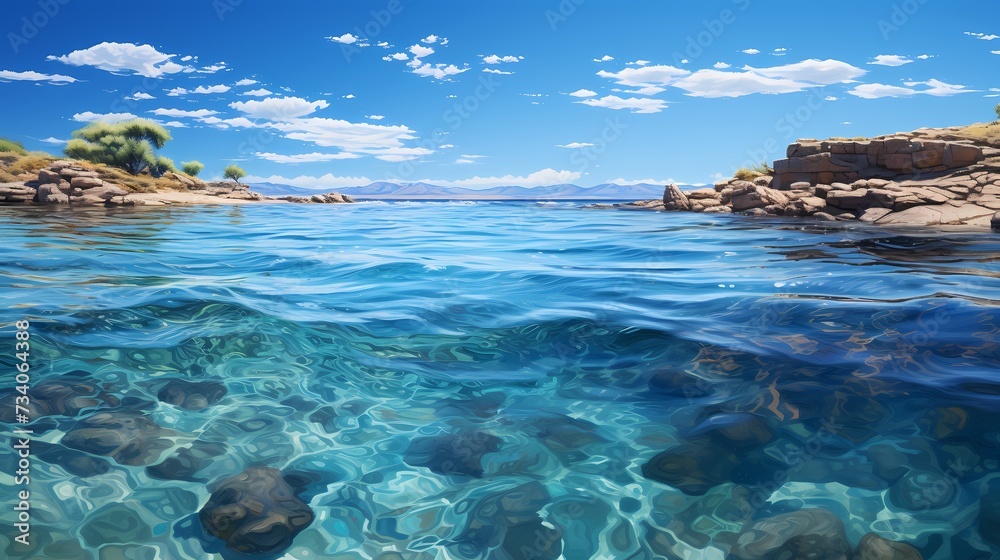 A panoramic view of a serene cobalt blue ocean, with a lone sailboat peacefully gliding on the water