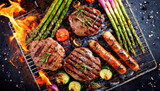 Grilled delicious beef steaks with herbs, asparagus and other vegetables over flames on the outdoor grill