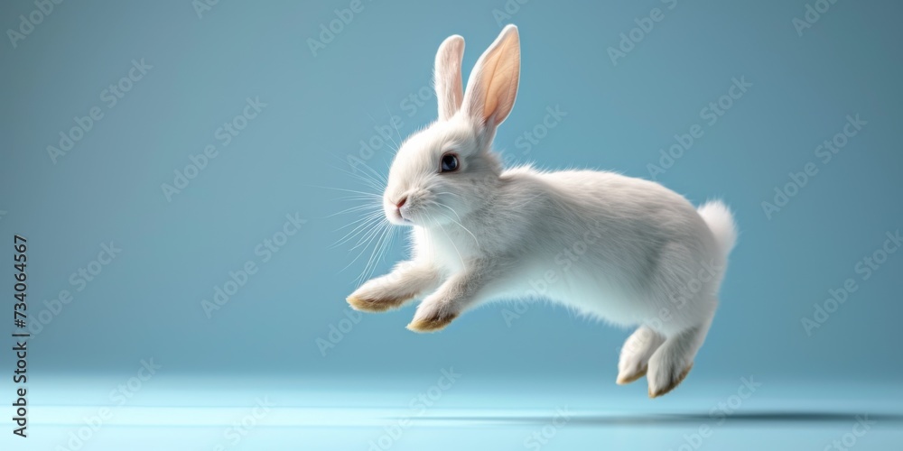 Vibrant White Rabbit Effortlessly Jumps Amidst A Gentle Pastel Blue Scene In 3D. Concept Adventurous Hiking Trails, Stunning Sunset Views, Picturesque Waterfalls, Serene Beaches