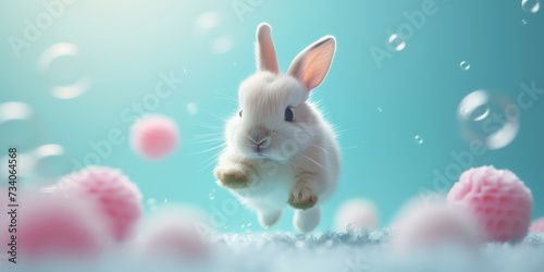 Vibrant White Rabbit Jumps Amidst Soft Pastel Blue Background In 3D. Concept Spring Floral Arrangements, Sunset Silhouettes, Candid Moments, Dramatic Landscapes