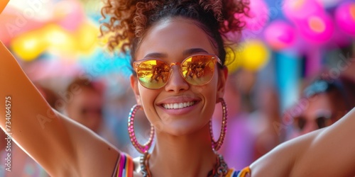 Energetic Young Woman Embraces The Vibrant Atmosphere Of An Outdoor Music Festival. Concept Music Festival Fashion, Dancing In The Crowd, Live Music Excitement, Festival Vibes, Summer Fun