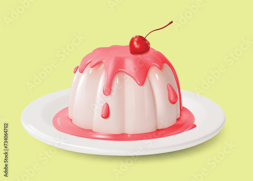 3d Panna Cotta with Cherry and Syrup Sweet Dessert Food Cartoon Style Isolated on a White Background. Vector illustration