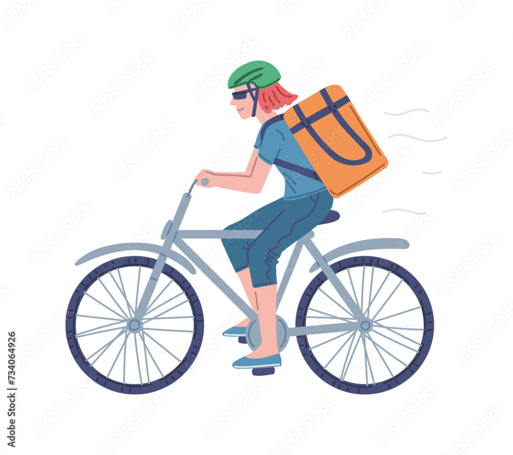 Food delivery man on a bicycle with bag, flat vector illustration isolated.