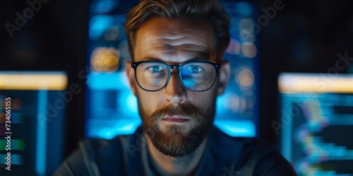 Focused Programmer Wearing Glasses, Using Coding To Enhance Work Efficiency In Office. Concept Artificial Intelligence In Healthcare, Sustainable Fashion, Mental Health Awareness