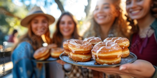 Friends Savoring Delightful Donuts In A Picturesque Outdoor Setting. Concept Food Photography  Donut Art  Outdoor Dining  Delicious Treats  Stunning Scenery