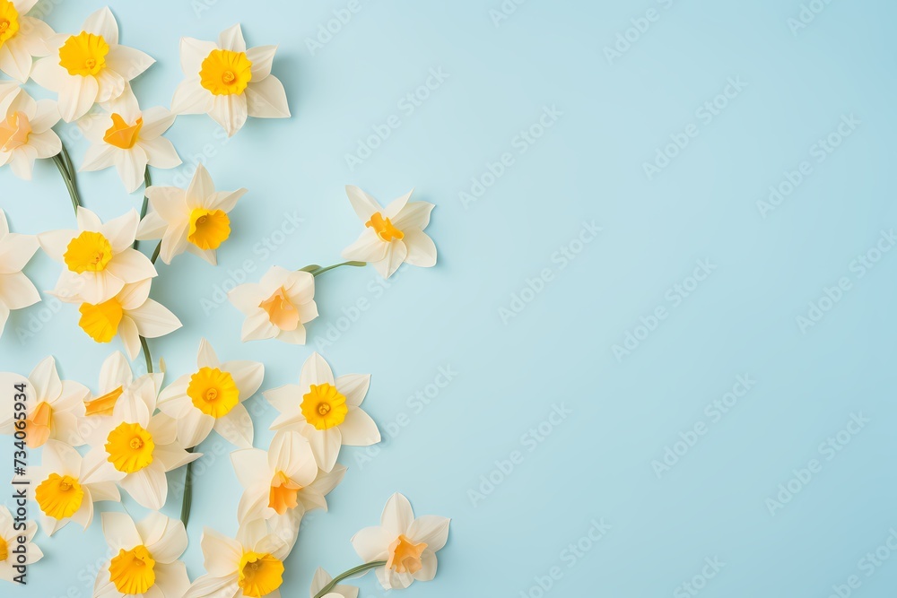 Overhead capture of colorful daffodils on a pale pastel canvas, leaving room for personalized messages.