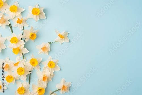 Overhead capture of colorful daffodils on a pale pastel canvas, leaving room for personalized messages. © Kanwal