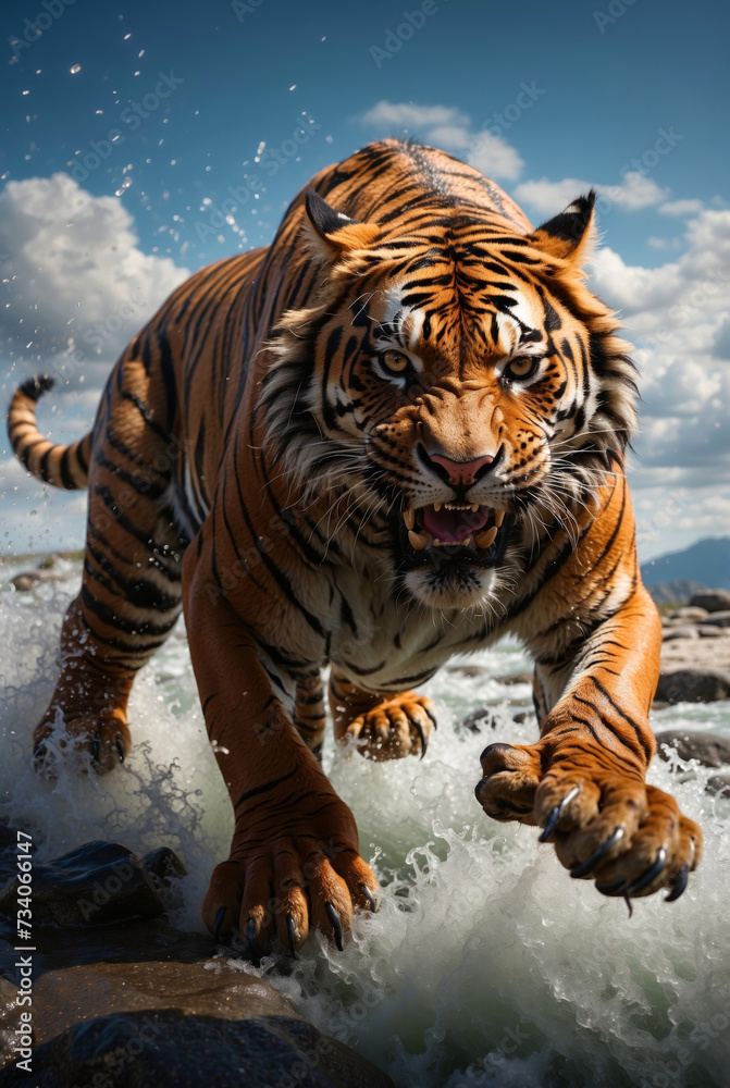 An aggressive tiger runs through a river