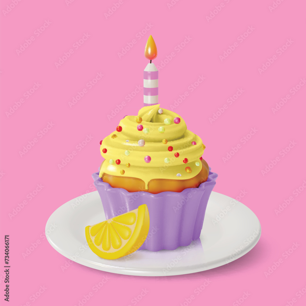 3d Lemon Cupcake with Candle Sweet Dessert Food Cartoon Style Isolated on a White Background. Vector illustration of Muffin with Cream 3d Lemon Cupcake with Candle Sweet Dessert Food Cartoon Style Isolated on a White Background. Vector illustration of Muffin with Cream