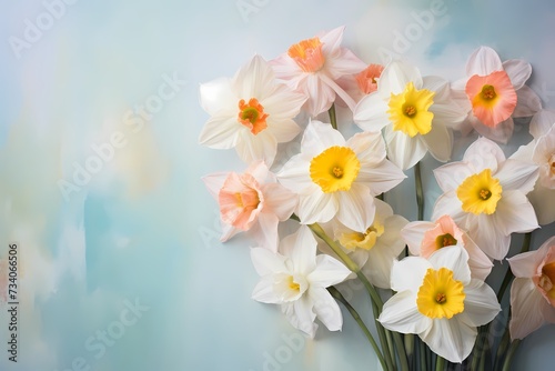 Overhead capture of colorful daffodils on a pale pastel canvas, leaving room for personalized messages.