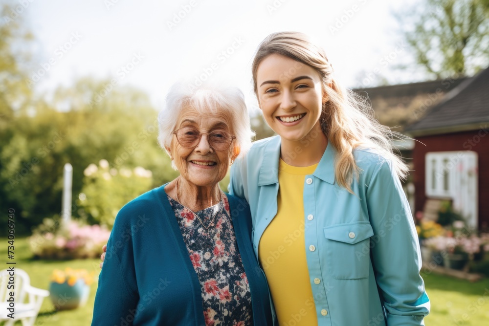 Portrait of a senior woman with a caregiver in nursing home