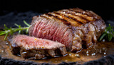 Grilled sliced juicy beef rib eye steak with herbs on the cutting board on dark background