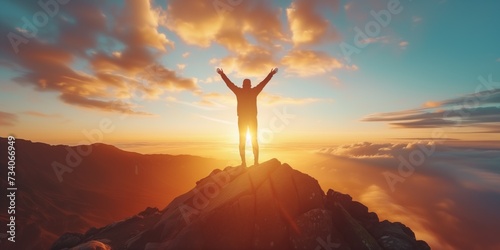 Victorious Man Revels In Spectacular Sunset View From Mountain Summit. Concept Mountain Climbing Adventure, Breathtaking Sunsets, Peak Of Triumph, Nature's Splendor photo
