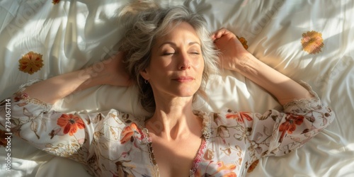Mature Woman Peacefully Lost In Dreams While Relaxing In Her Home. Concept Home Relaxation  Peaceful Dreams  Mature Woman  Serene Atmosphere