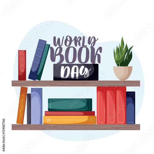 World book day. Book Shelf with books and potted plant. Stack of various books isolated on a white background. Pile of colorful books. Bookstore, bookshop, book lover concept.