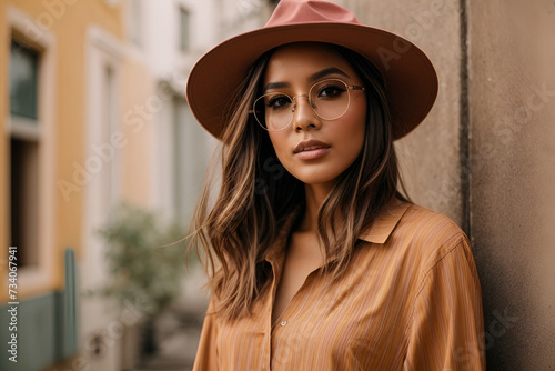 Portrait of young stylish girl model in casual summer clothes in brown hat with natural makeup in glasses  © KushbulaDesignMax
