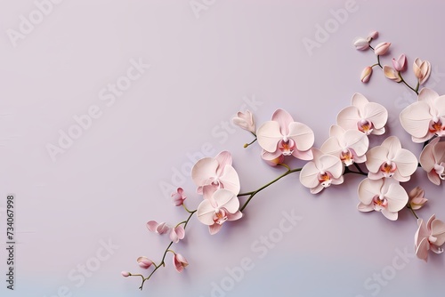 Overhead image of exotic orchids on a subtle pastel canvas, designed for easy and stylish text placement. © Kanwal