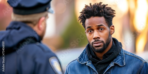 Police Officer Questioning African American Man During An Intense Confrontation. Concept Law Enforcement, Racial Tensions, Intense Confrontation, Police Officer, African American Man photo