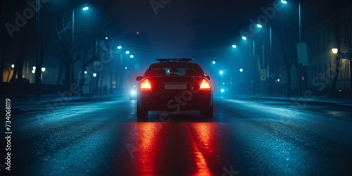Police Car With Flashing Lights At Night, Securing Road For Crime Investigation. Concept Winter Landscape, Golden Hour Photography, High Fashion Editorials, Candid Street Photography photo