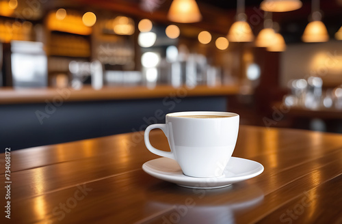 White cup of coffee on a wooden table in a bar with a blurred background.