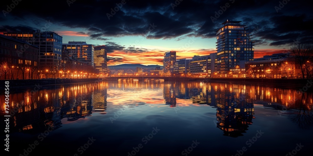 Enchanting Twilight: A Romantic City Skyline Painted With Illuminated Buildings And Vibrant Skies. Concept Cityscapes At Night, Romantic Twilight, Illuminated Skyline, Vibrant Skies