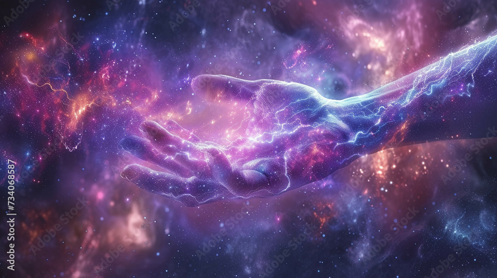 Illustrate a spiritual hand manipulating the wiring diagram of the universe channeling cosmic energy