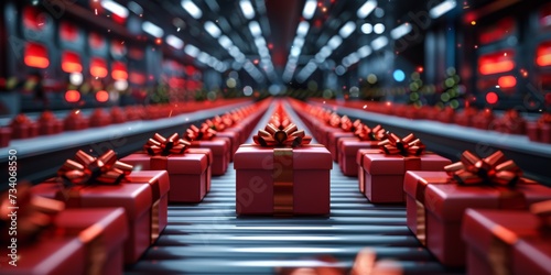 Santas Factory Gifts On A Conveyor Belt, Soon To Spread Joy. Concept Holiday Decorations, Festive Treats, Winter Wonderland, Jolly Santa Claus
