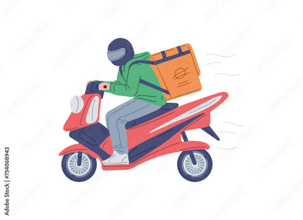 Courier on a motorcycle with a delivery box backpack, delivery service vector cartoon illustration, fresh food shipping Courier on a motorcycle with a delivery box backpack, delivery service vector cartoon illustration, fresh food shipping