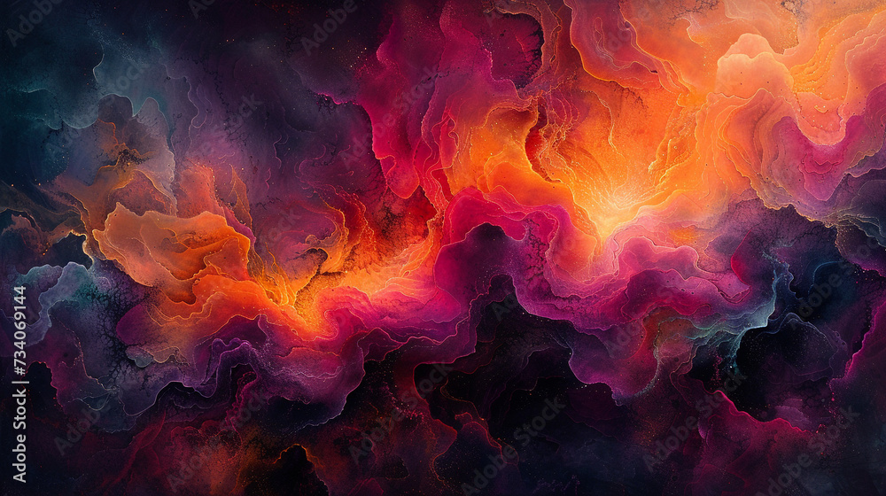Vibrant bursts of radiant coral and electric indigo merging seamlessly, forming a dynamic and energetic abstract display on a canvas painted in mysterious cosmic black. 
