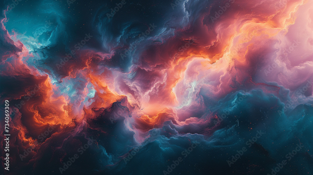Vibrant bursts of radiant coral and electric indigo merging seamlessly, forming a dynamic and energetic abstract display on a canvas painted in mysterious cosmic black.  - obrazy, fototapety, plakaty 