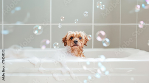 A playful puppy of a certain dog breed enjoys a bubbly bath time in the indoor bathroom, leaving paw prints on the tiled wall