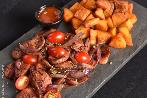 portion of fried Calabrian sausage with onion and roasted potatoes with spices and paprika photo