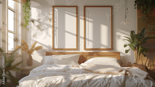 Bright and Airy Bedroom with Sunlight Casting Shadows on Crisp White Bedding