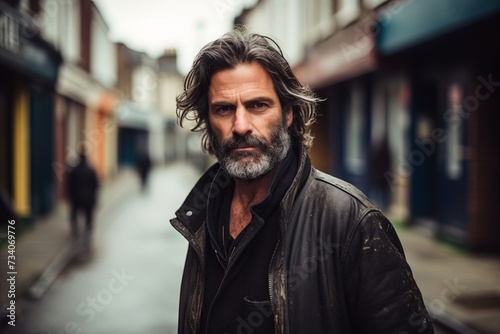 Portrait of a handsome middle aged man with long gray hair and beard in a leather jacket on a city street.