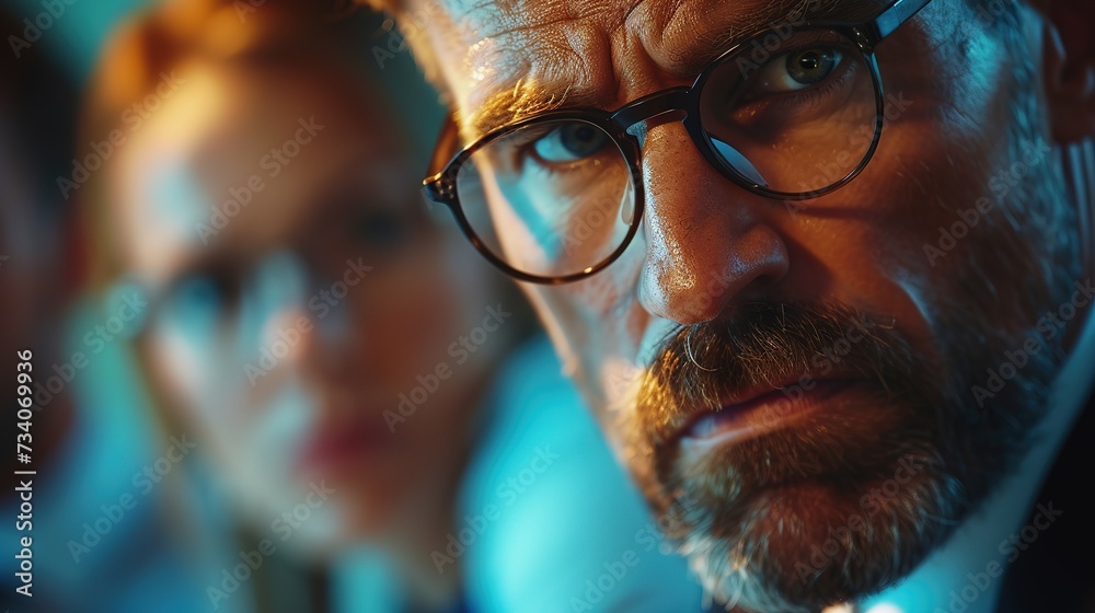Dramatic close-up of a bearded businessman with glasses and a female colleague, highlighting a tense business discussion. Dramatic close-up of a bearded businessman with glasses and a female colleague, highlighting a tense business discussion.