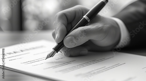 Monochrome image of a hand signing an official document with a black fountain pen, depicting legal or business activity.