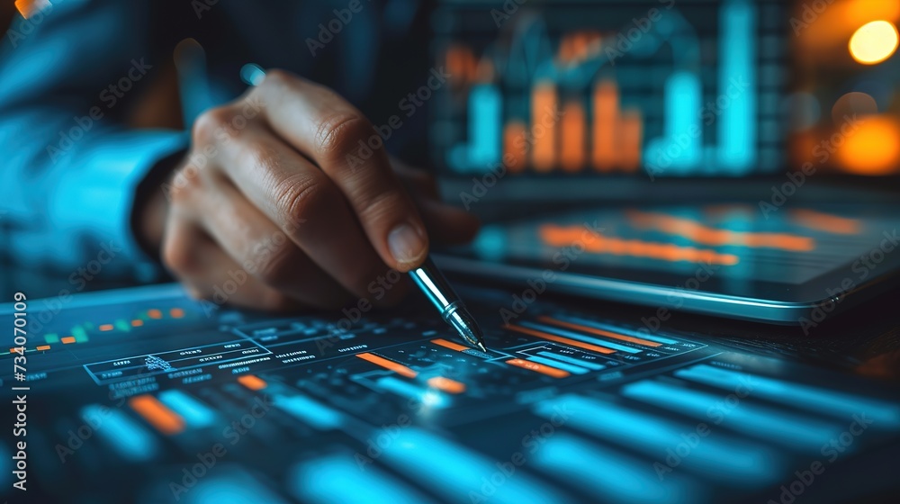 Close-up of a business professional using a stylus to work on a financial analysis displayed on a touchscreen laptop. Close-up of a business professional using a stylus to work on a financial analysis displayed on a touchscreen laptop.