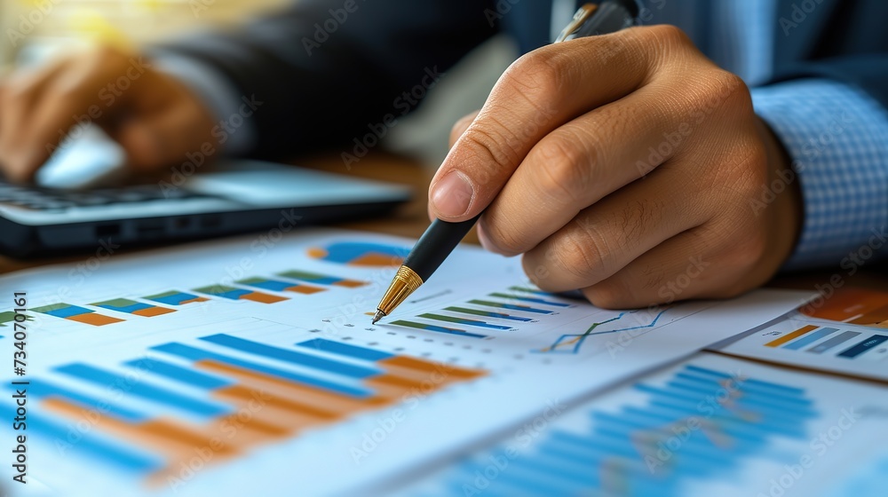 Close-up of an executive's hand with a pen over colorful financial charts, performing detailed business analysis. Close-up of an executive's hand with a pen over colorful financial charts, performing detailed business analysis.