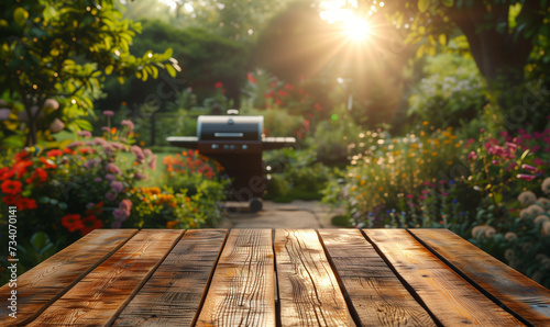 Empty wooden table in summer background with the blurred green garden and picnic or BBQ in the background. Generative AI