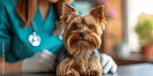 Vet Checks Adorable Yorkshire Terrier At The Clinic With Expert Care. Concept Vet Care, Yorkshire Terrier, Clinic, Adorable, Expert