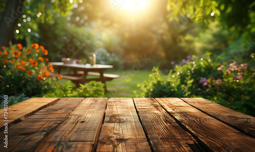 Empty wooden table in summer background with the blurred green garden and picnic or BBQ in the background. Generative AI