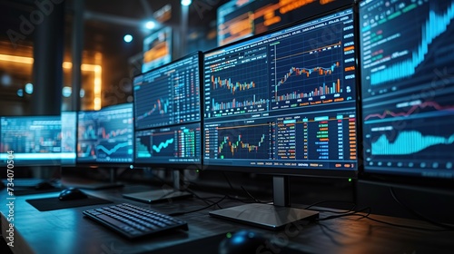 A trading floor environment with multiple computer monitors displaying live trading, market data, and financial analysis. © Rattanathip
