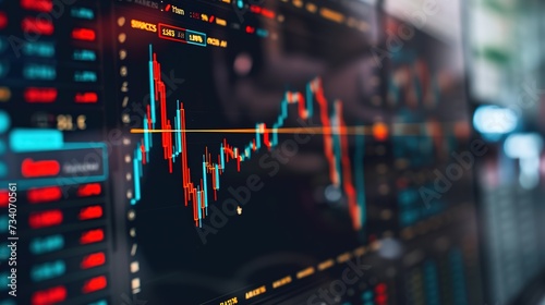 Close-up of a computer monitor displaying vibrant stock market trading graphs with fluctuating data points.