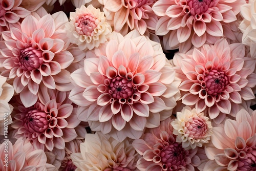 Overhead shot of a cluster of dahlia blooms, their intricate petals providing an artistic space for text. © Kanwal