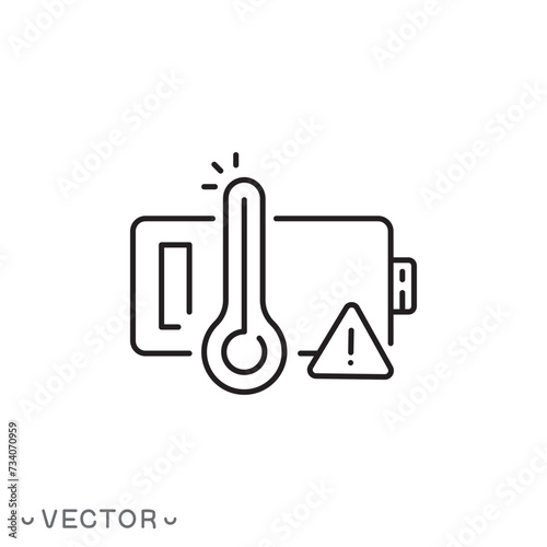 battery overheating icon, attention high accumulator temperature, thin line symbol isolated on white background, editable stroke eps 10 vector illustration