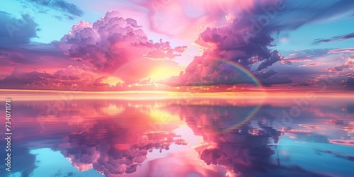 Creating A Magical Landscape: A Vibrant Rainbow Illuminates The Dreamlike Sky. Concept Enchanting Forest Glade, Mystical Waterfall Oasis, Whimsical Meadow, Fairytale Castle In The Clouds