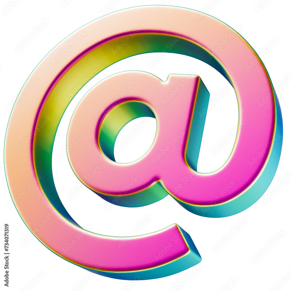 At sign. Email symbol in bright iridescent color isolated on a transparent background. 3D render. Metallic paint shimmering from pink to green-blue. At sign. Email symbol in bright iridescent color isolated on a transparent background. 3D render. Metallic paint shimmering from pink to green-blue.