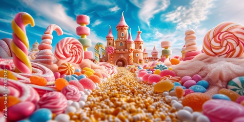 Whimsical Candy Kingdom With Towering Edible Trees, Castle, And Vibrant Lollipops. Concept Fairytale Forest With Enchanted Creatures, Mystical Waterfalls, Secret Clearings