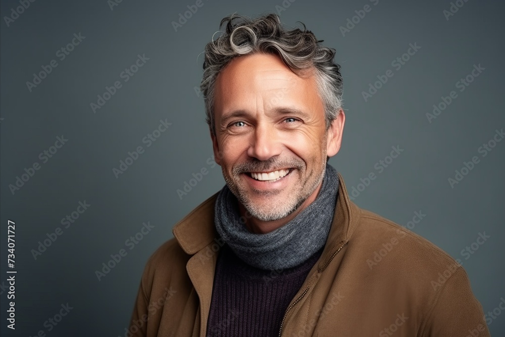 Portrait of a smiling middle-aged man in a coat and scarf. Portrait of a smiling middle-aged man in a coat and scarf.
