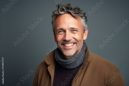 Portrait of a smiling middle-aged man in a coat and scarf.